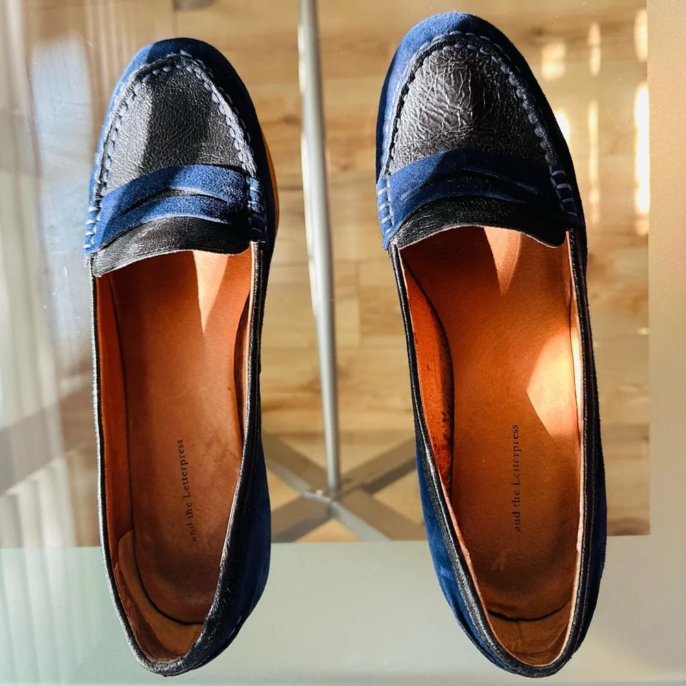 Anthropologie Navy Blue & Brown Suede Leather Penny Loafers - Picture 5 of 10